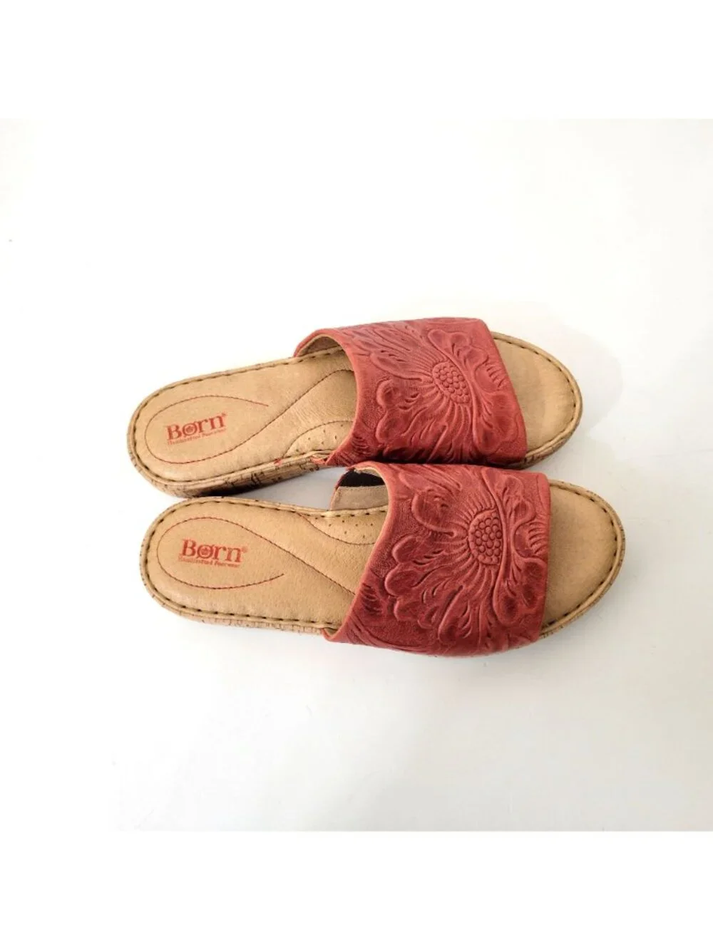 Born Women's Red Floral Embossed Cork Platform Slide Sandals Size 8 - Picture 7 of 11